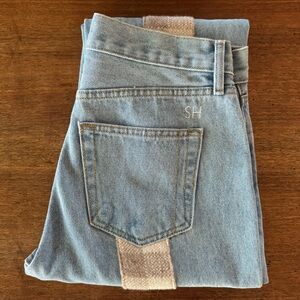 Still Here Tate Checked Wool Trimmed High Rise Straight Leg Jeans Light Denim 27